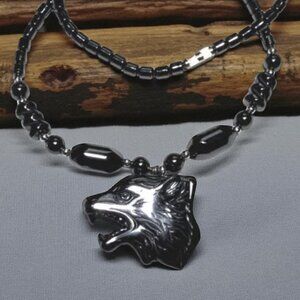 NEW Hematite Stone Wolf Head Necklace